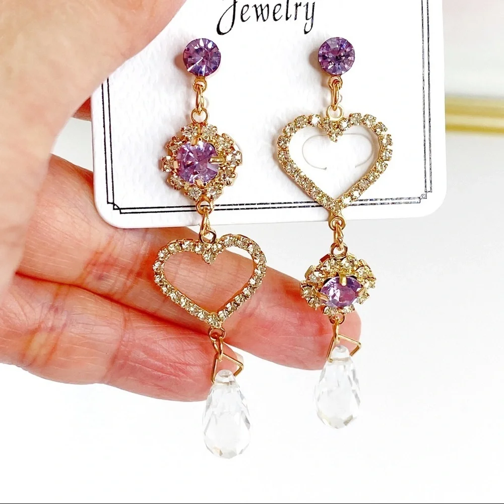 Romantic Hearts Purple Crystal Gold Drop Earrings